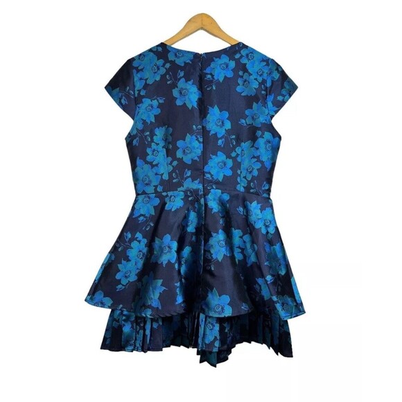 Lulus Navy Blue Satin Mini Dress Teal Cap Sleeve Pleated Floral Fit n Fl… - Picture 2 of 10